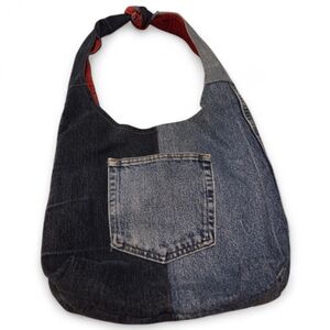 No Brand Handmade Denim Hobo Boho Bag Hippie Granola Gypsy Blue W/Red Lining